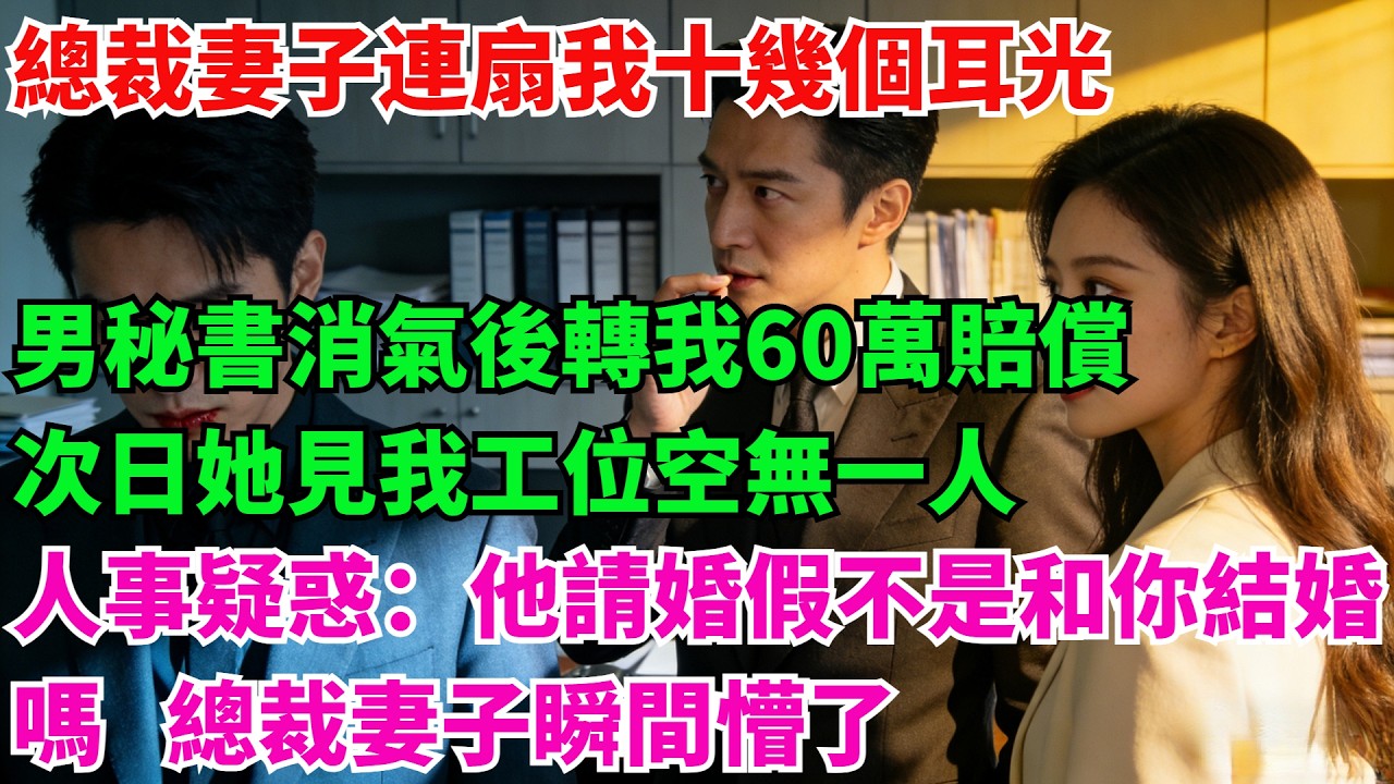 總裁妻子連扇我十幾個耳光，男秘書消氣後轉我60萬賠償，次日她見我工位空無一人，人事疑惑：「他請15天婚假，不是和你結婚嗎？」總裁妻子瞬間懵了#故事頻道#感人壹幕#老年生活#奇聞#情感小說#中老年