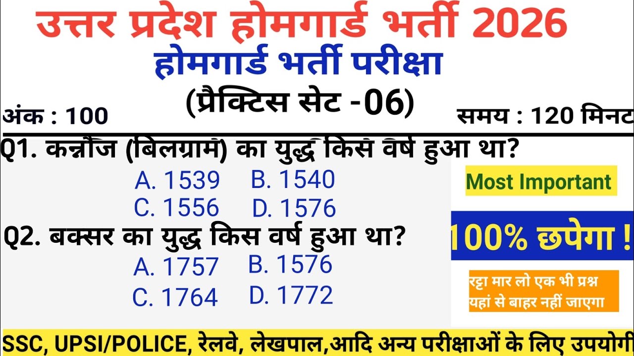 UP Home Guard भर्ती 2026🔥l प्रैक्टिस सेट 05 Home Guard GK GS Question 2026 l Previous Year Questions