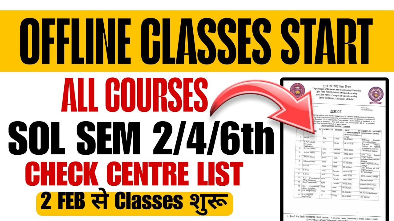 PCP Offline Class Start Semester 2/4/6th All UG course | Centre List Release Check now SOL DU Update