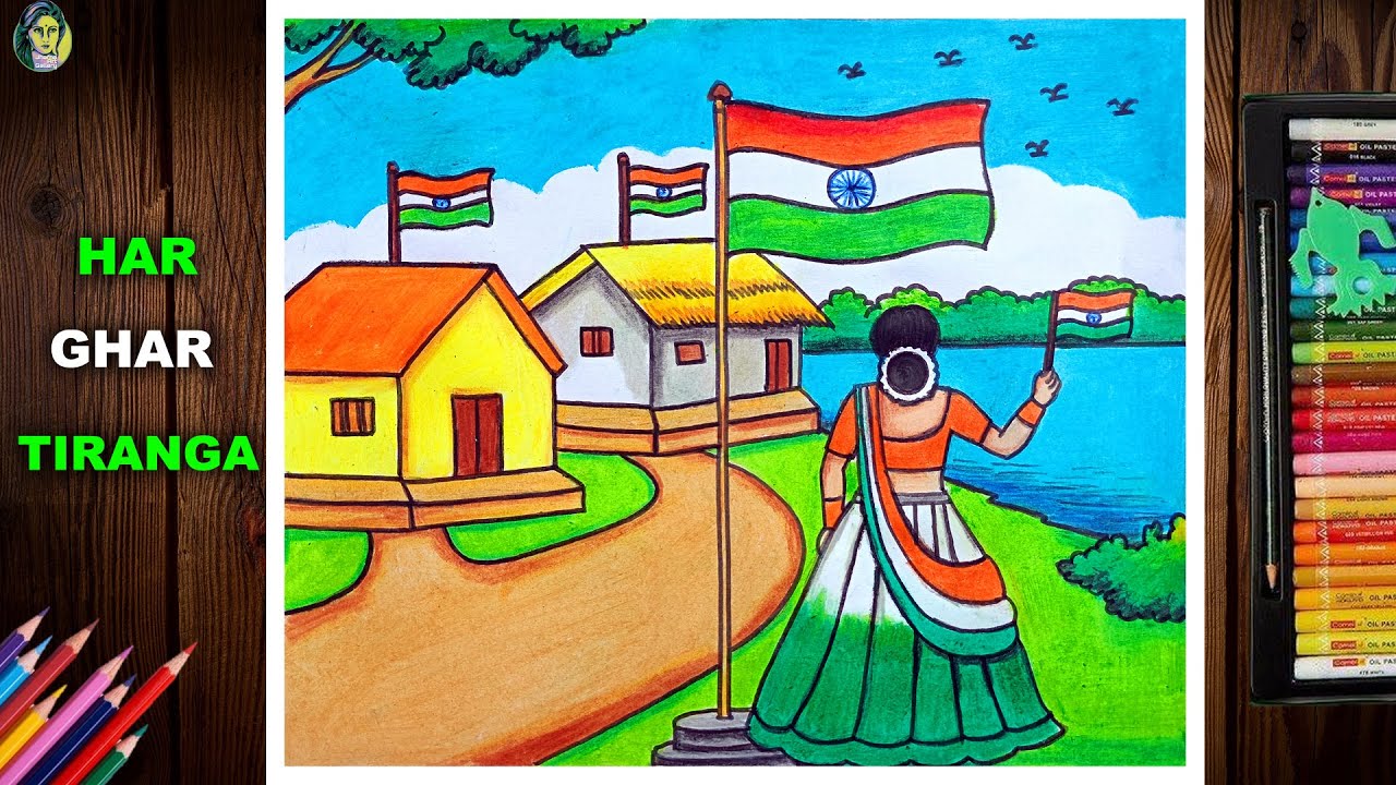 Har Ghar Tiranga Drawing Easy | Independence Day Drawing | Traditional Girl With Flag Drawing Easy