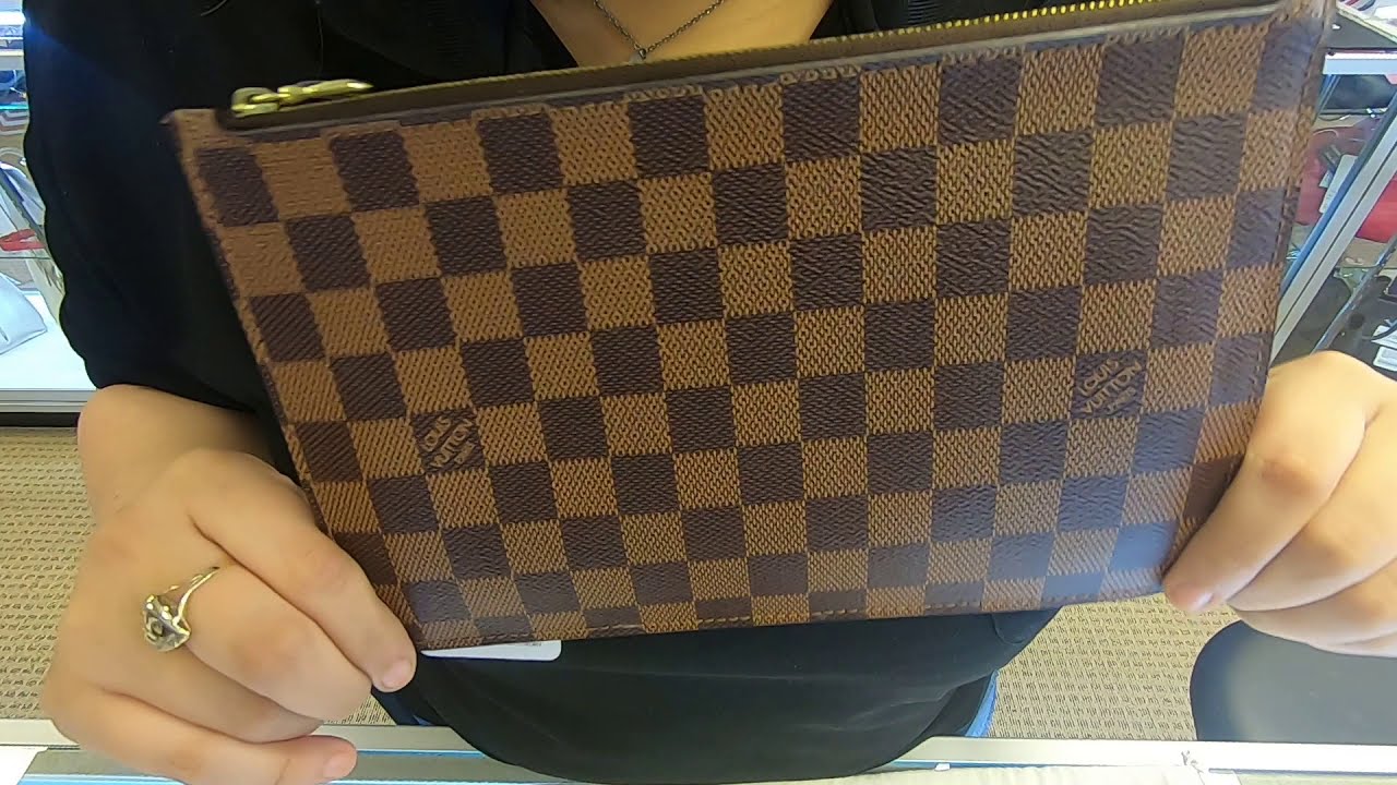 LOUIS VUITTON POCHETTE WRISTLET POUCH DAMIER EBENE NEVERFULL MM BROWN-REVIEW |PRE-OWNED