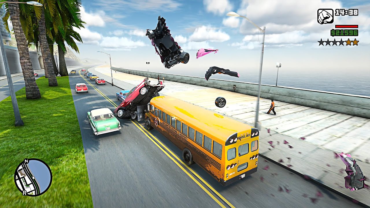 GTA SA Realistic Vehicle Deformation - Crazy School Bus Crashes Ep.39