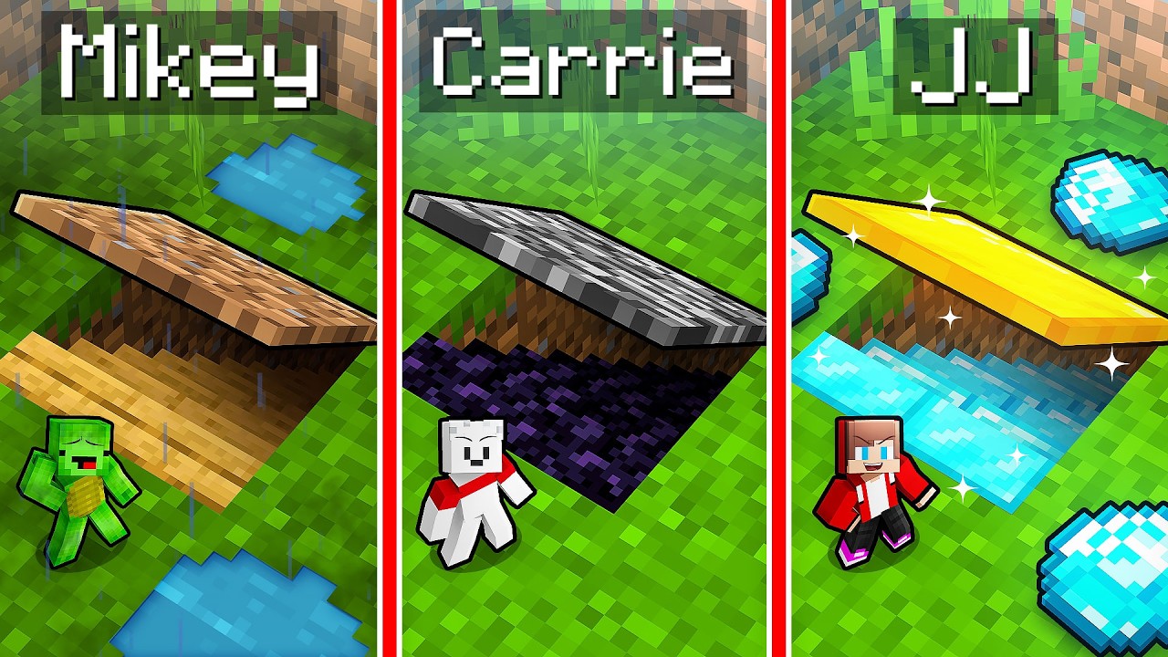 JJ vs Mikey vs Carrie: TINY UNDERGROUND BASE BATTLE in Minecraft - Maizen