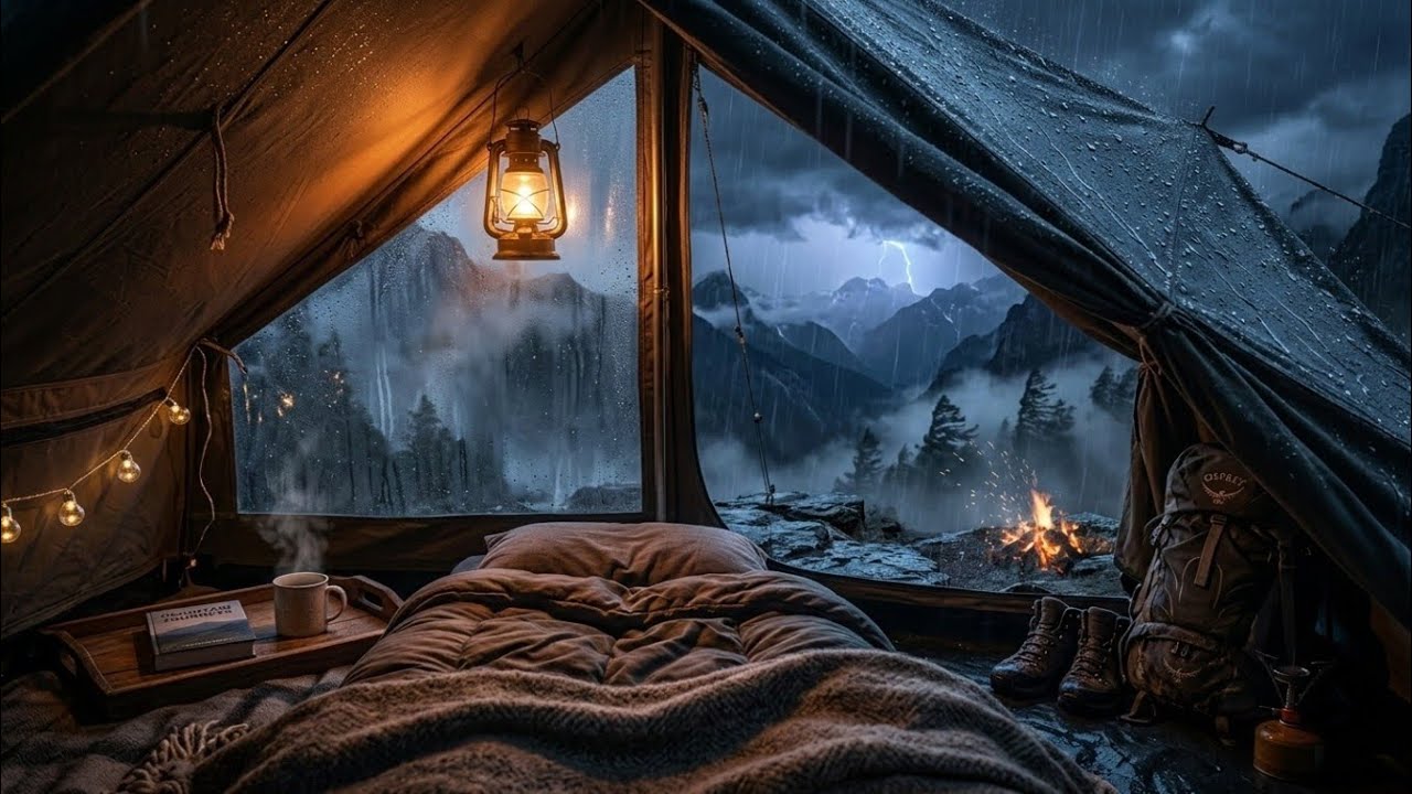 Rainy Mountain Tent Night 🌧️ Cozy Campfire Sounds for Deep Sleep (2 Hours)