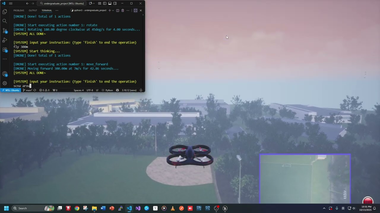 Airsim + VLM autonomous flight with higher level instructions(2 abstract missions), Private Land