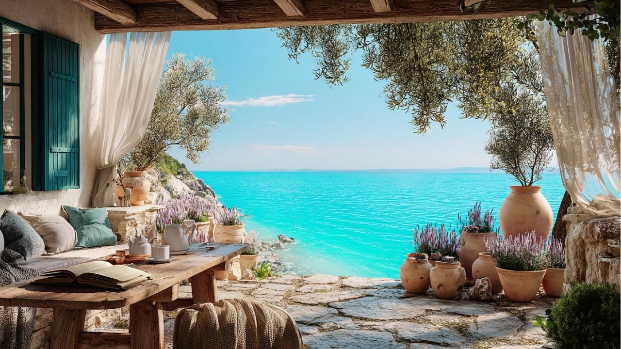 Mediterranean Sea Porch 🏝️🕊️ Ocean Waves + Birds Ambience for Focus, Study & Calm