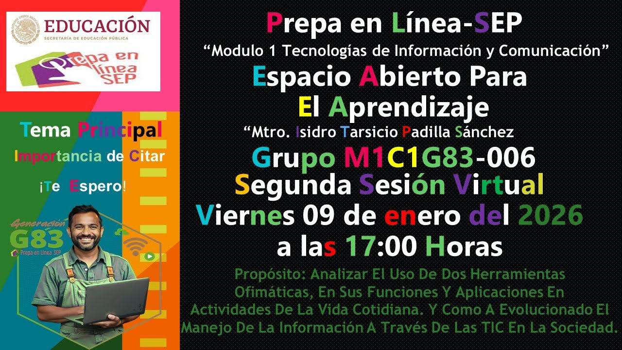 Invitación, segunda Sesión Síncrona semana 1, “Espacio abierto para el aprendizaje”, M1C1G83-006