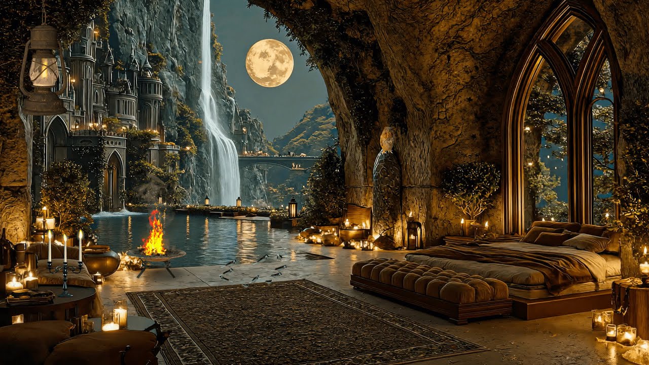 Enchanted Cave by the Waterfalls 🏰🔥 | Relaxing Castle Ambience with Crackling Fire, Crickets & Owl