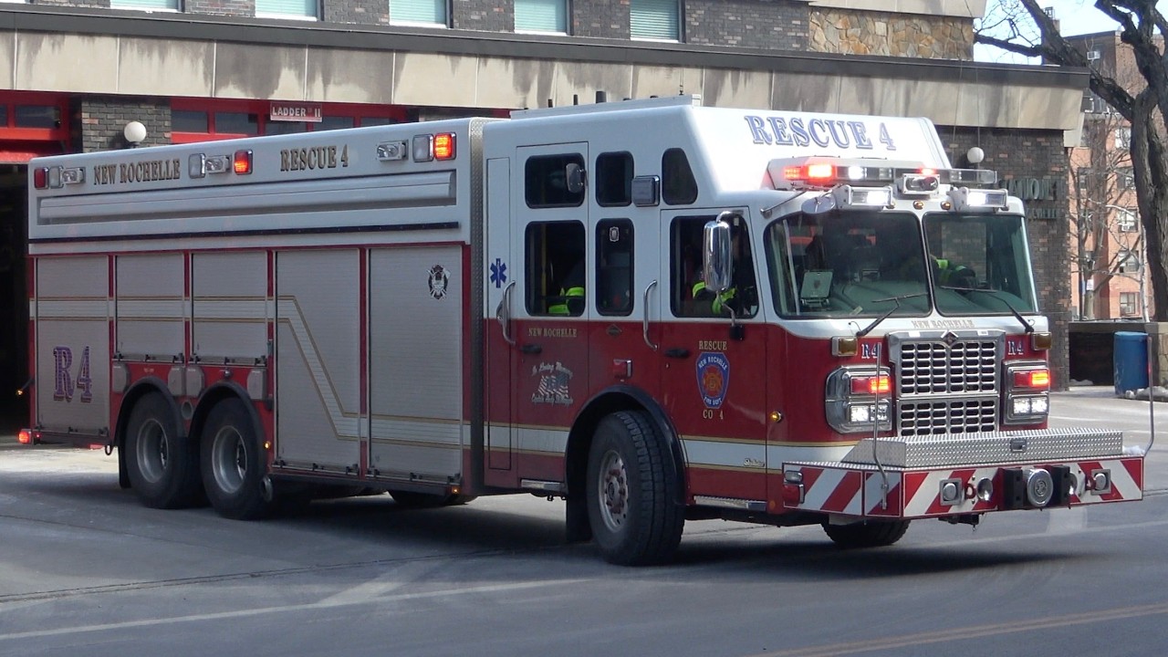 New Rochelle FD Tower Ladder 11 (Loaner), Car 2302 (Spare), Engine 21, & Rescue 4 Responding