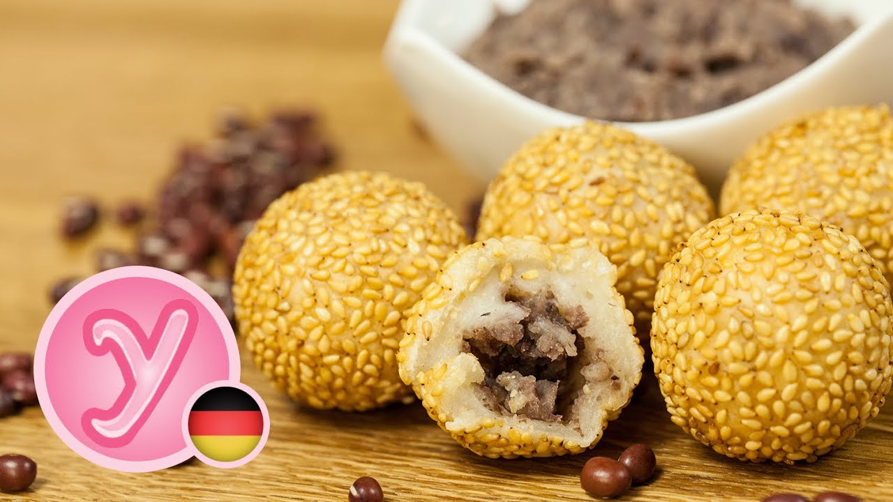 SESAMBÄLLCHEN (Jin Deui) gefüllt mit süßer roter Bohnenpaste - vegan - asiatische Nachspeise