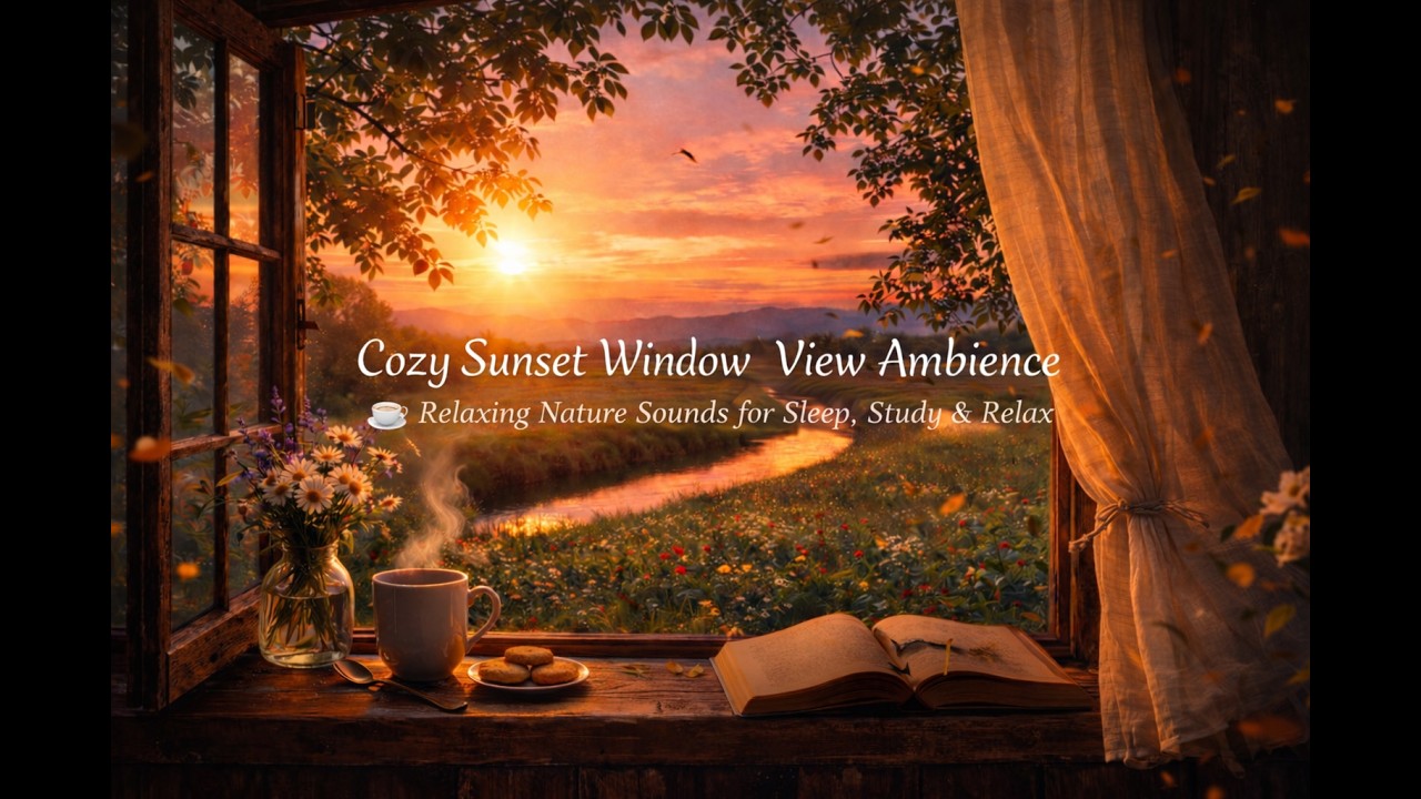 Cozy Sunset Window Ambience 🌅☕ Relaxing Nature Sounds for Sleep, Study & Relax