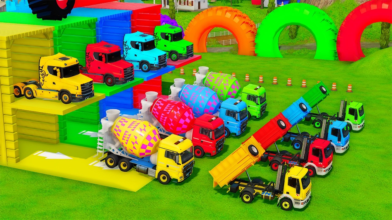 Garage with Colors - ALL MIXER TRUCK WITH DOUBLE FLATBED TRAILER TRUCK, DAF, KENWORTH, HINO - FS22