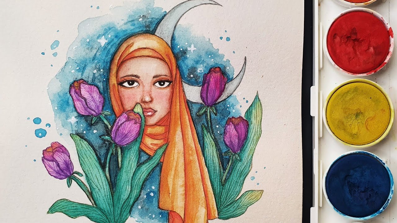 Watercolor Painting How to draw Hijab Girl | Cara Menggambar wanita Berhijab dengan Cat Air