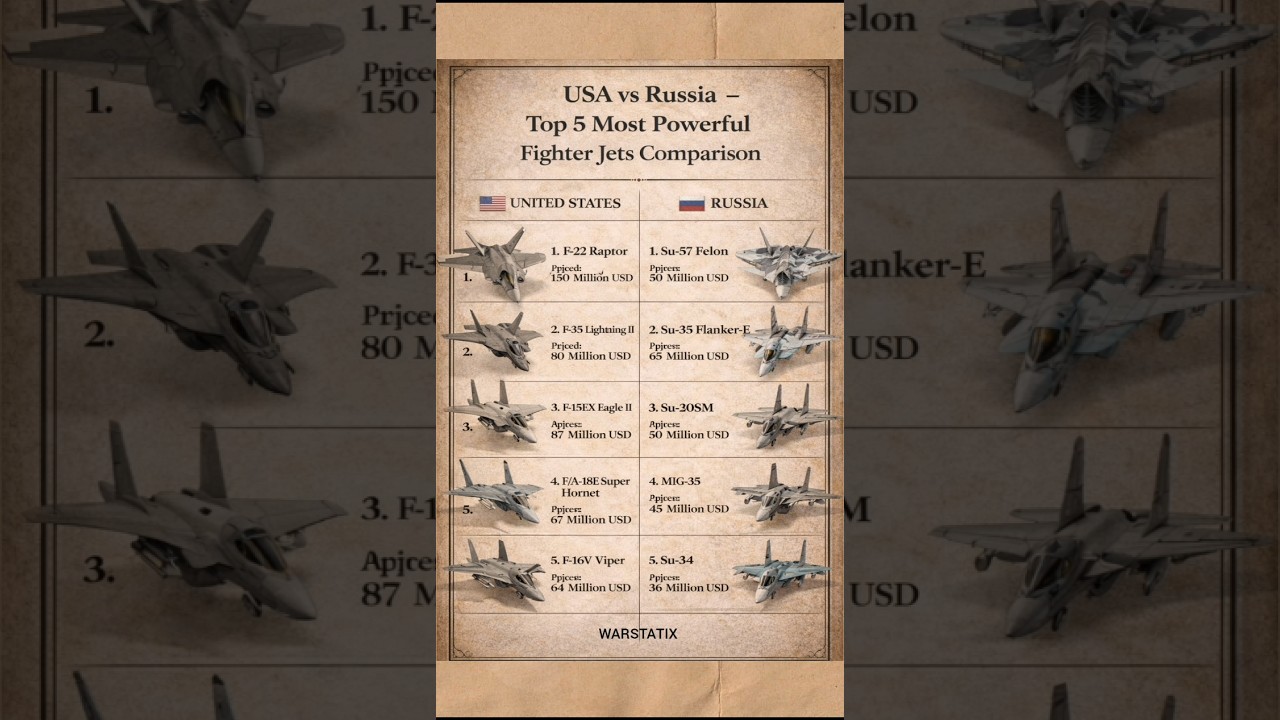USA vs Russia: Top 5 Most Powerful Fighter Jets Comparison 🇺🇸🇷🇺 #usavsrussia #fighterjets #military