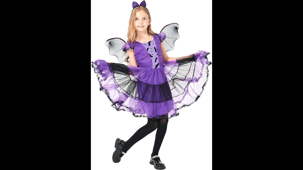 Girls Bat Witch Costume for Kids Halloween Fancy Dress up Purple Tutu Dress with Headban and Wings
