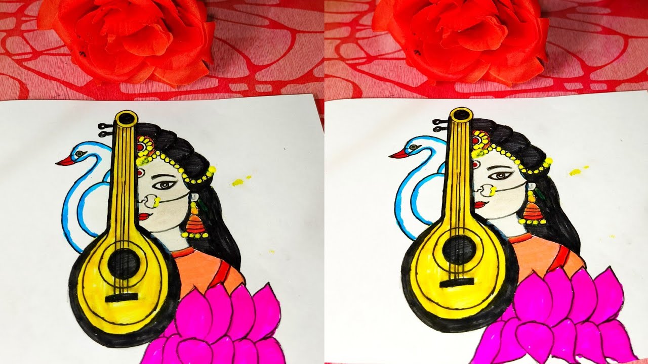 Maa Saraswati Drawing Easy | Vasant Panchami Pencil Sketch | Simple Goddess Saraswati Drawing|