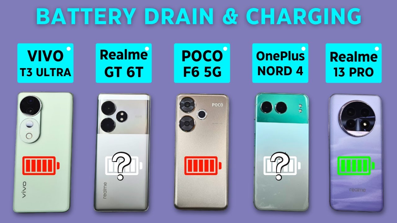 (5G) BATTERY DRAIN & CHARGING🔋VIVO T3 Ultra vs Realme GT 6T vs POCO F6 vs OnePlus Nord 4 vs 13 Pro