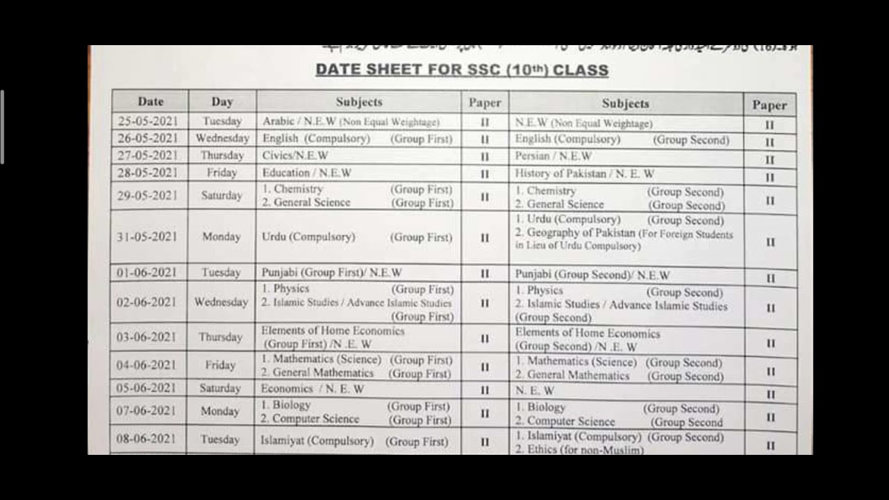 10th class date sheet 2021.punjab boards. final date sheet matric 2021.