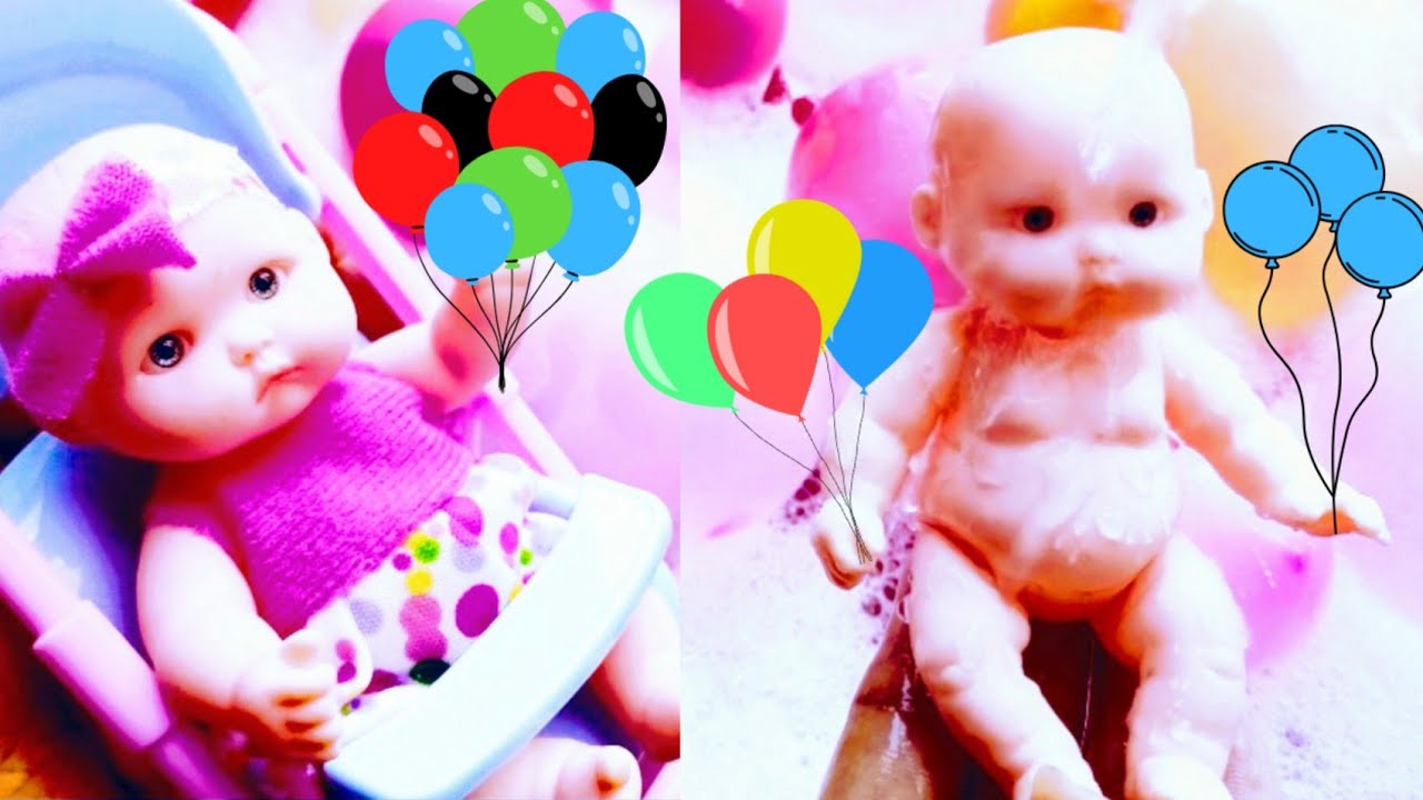 Baby doll bath time.Toy play in bubbles pool.How to play with toy and colorful balloons.