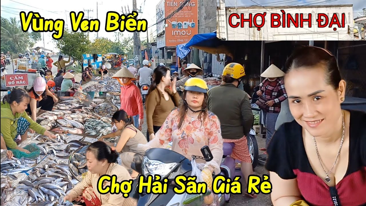 Tràn lan Hải Sản giá rẻ Chợ Bình Đại Bến Tre, gặp Cô gái bán dừa quá xinh