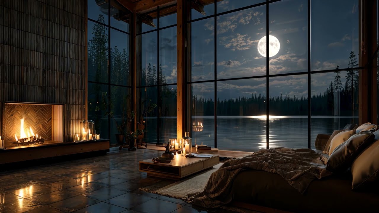 Sleep Piano at Night (No Vocals) | Cozy Moonlit Cabin Fireplace • 1 Hour