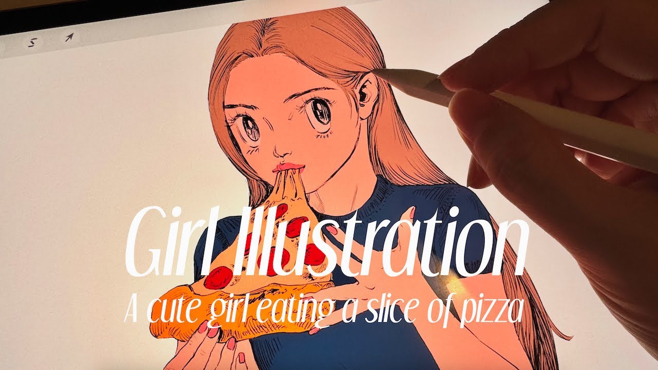 A cute girl eating a slice of pizza - Sketch to Full coloring tutorial