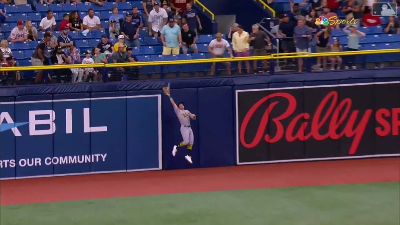 Conner Capel MAKES A JUMPING CATCH AT THE WALL! | Oakland Athletics | 4/9/2023