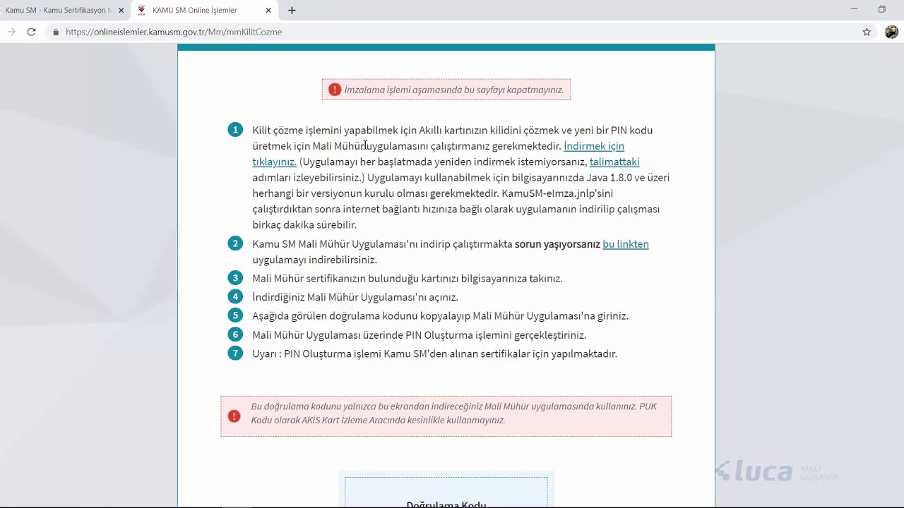 KAMUSM - Mali Mühür Pin Kodu Oluşturma ve Kilitli Pin Kodu Çözme İşlemi