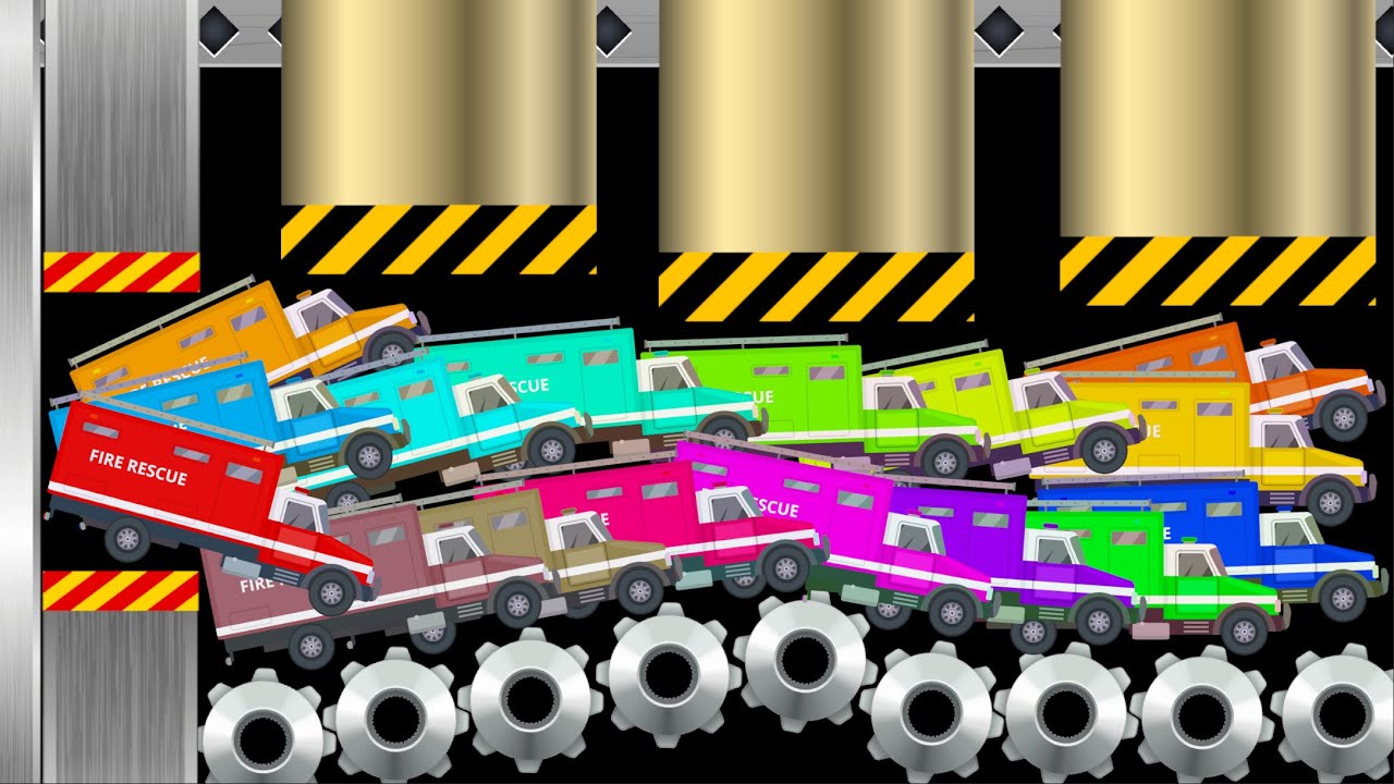 Fire Rescue Truck Race - Escape From Continuous Stamping Machine - Colored Stickman Ragdoll Battle