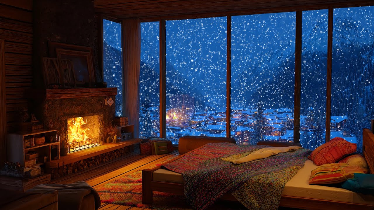 Howling Winter Winds & Cozy Fireplace Crackles | Calming Night Ambience for Sleep & Relaxation