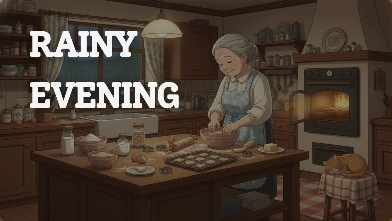 NO ADS Cozy Grandma Baking Cookies Rainy Evening Fireplace.