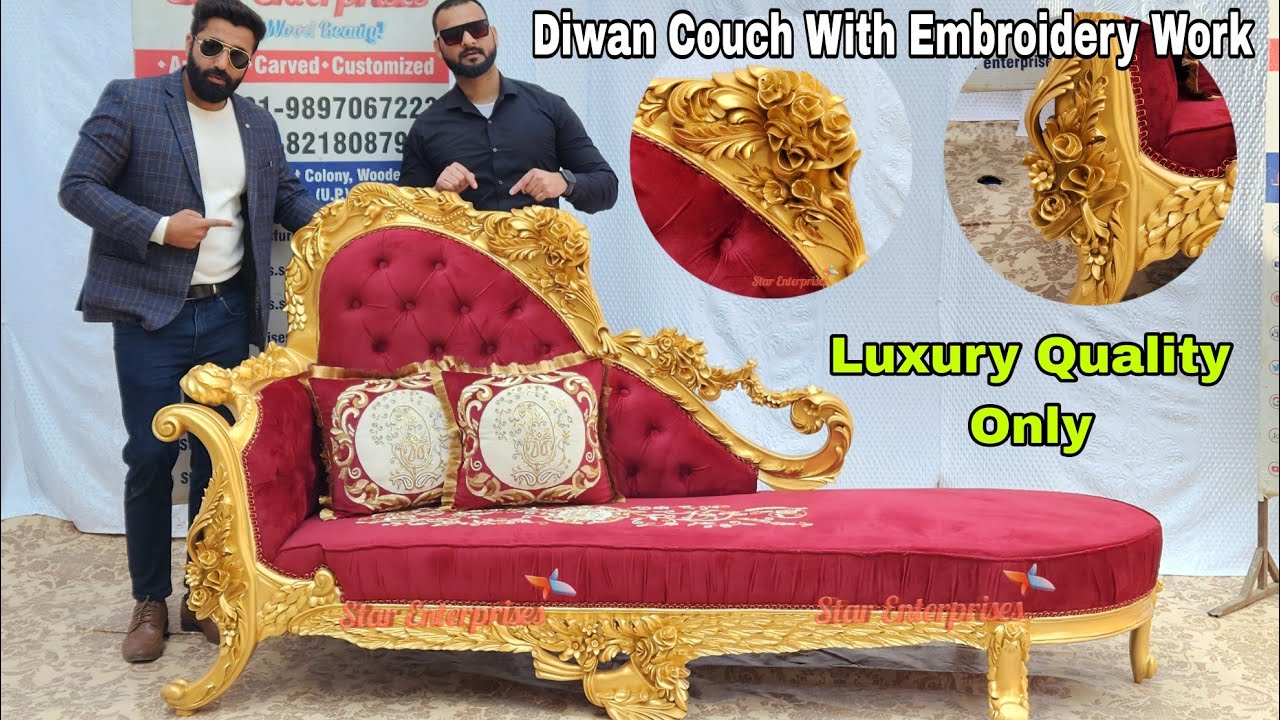 Royal Divan Couch With Antique Carving | 4 Seater Golden Diwan Couch With Embroidery Work Saharanpur