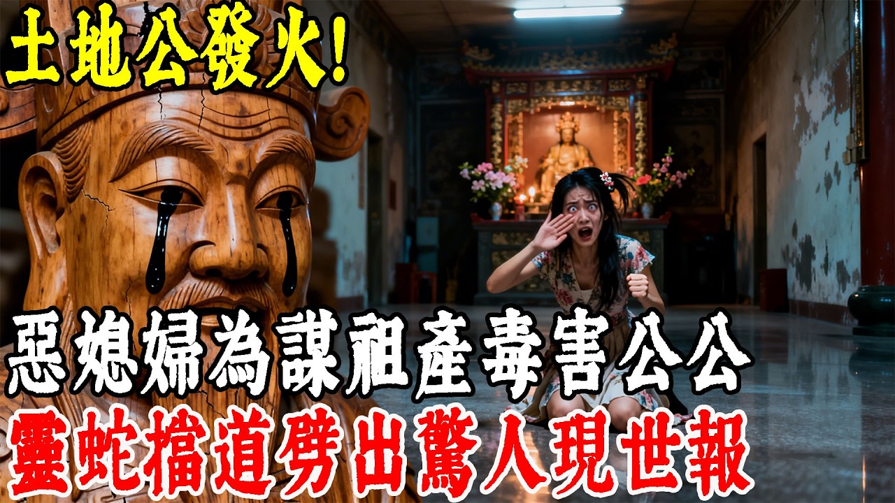 惡媳婦為奪祖產，將生病公公鎖進暗房等死。誰知土地公廟的靈蛇狂吐黑信，死守大門！隔天神明發威，惡媳婦當眾中邪自掌嘴巴……#情感#民間故事#真實故事#中老年生活 #台灣
