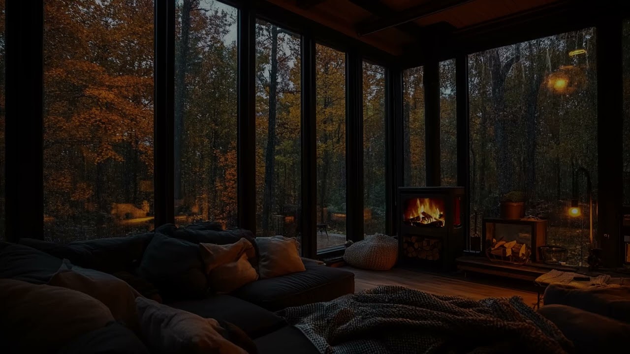 A Safe Haven Beneath the Rain Fireplace Cracking, Windows Glowing with Drops