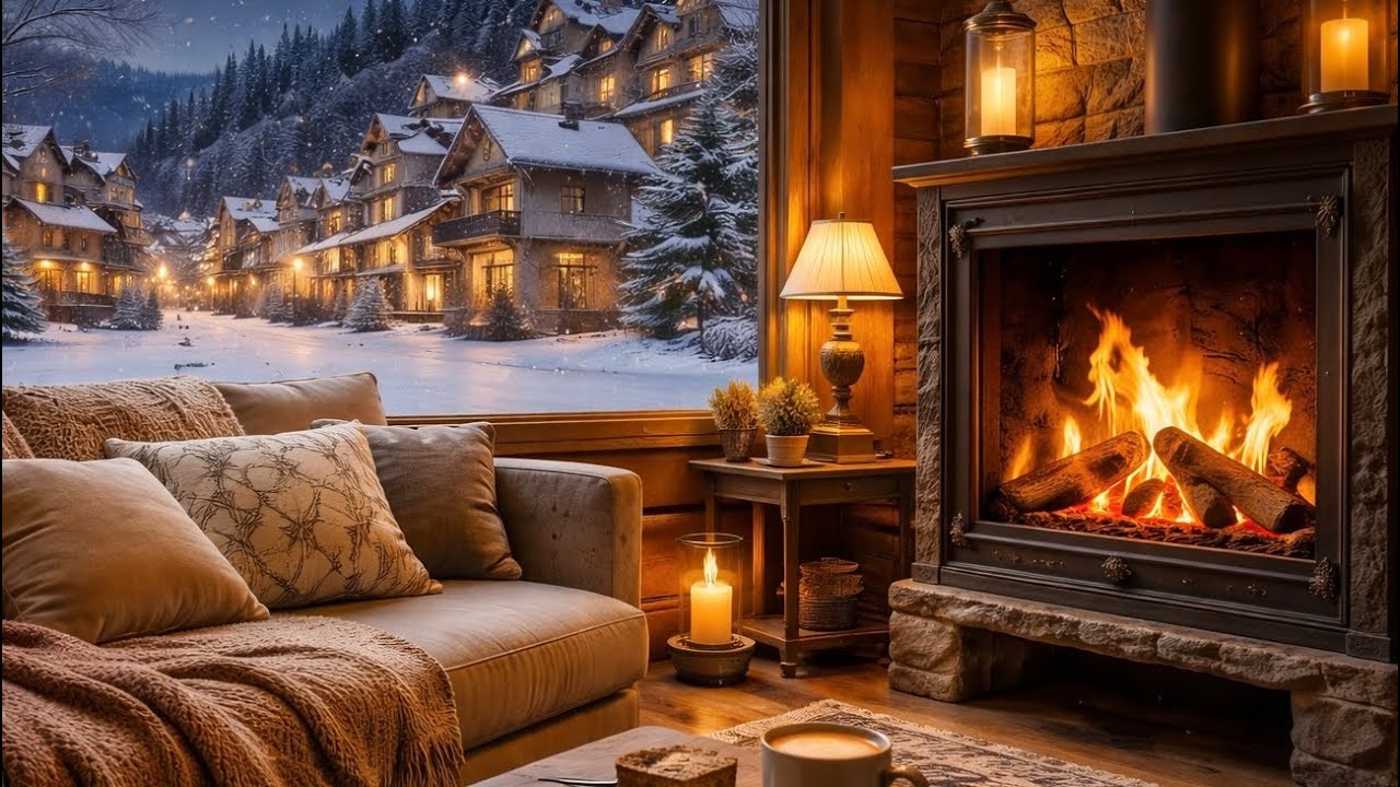 Midnight at the Alpine Chalet ❄️ | 4K Luxury Fireplace & Piano Ambience