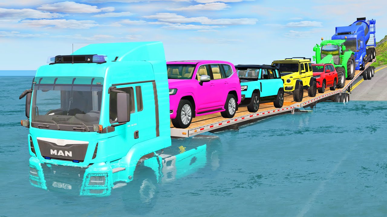 Triple Flatbed Trailer McQueen Transportation with Truck - Speedbumps vs Cars vs Train - BeamNG #5