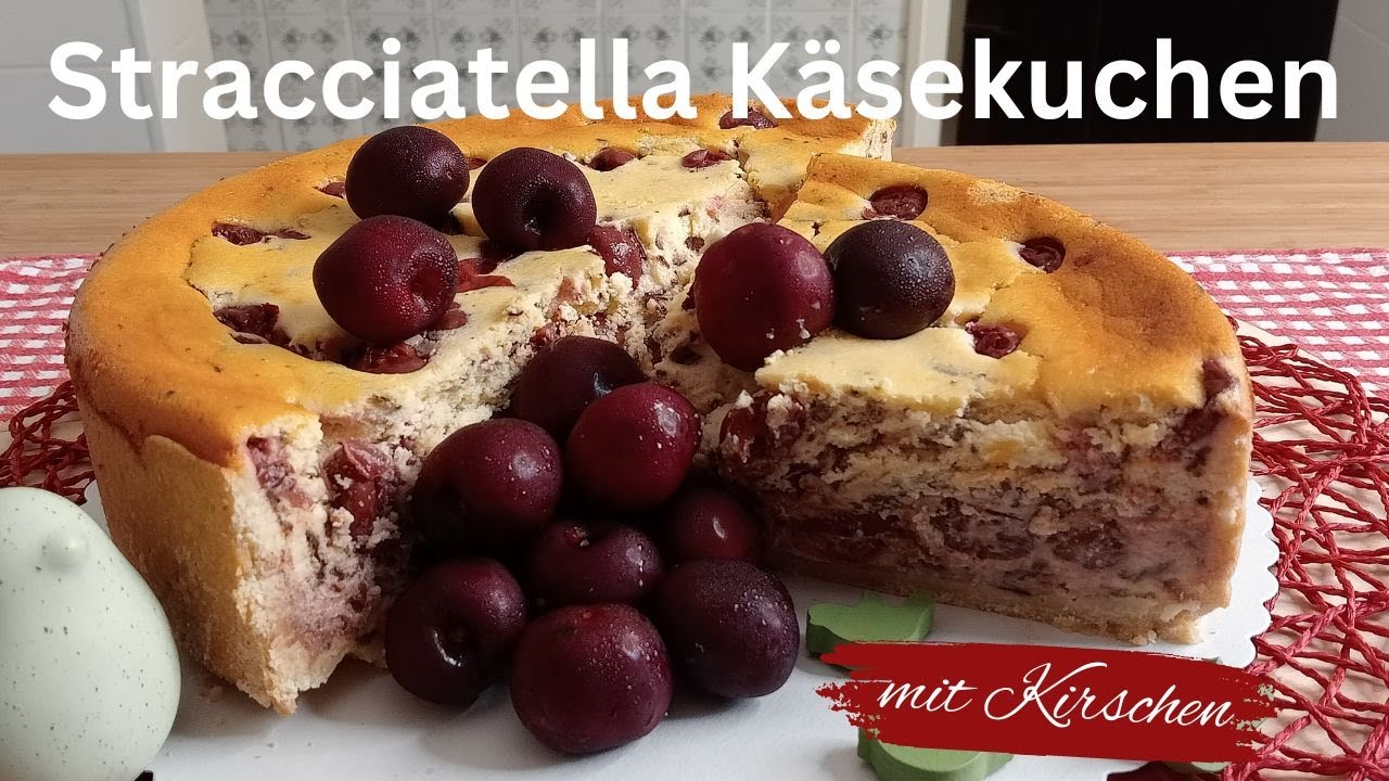 Stracciatella Käsekuchen mit Kirschen