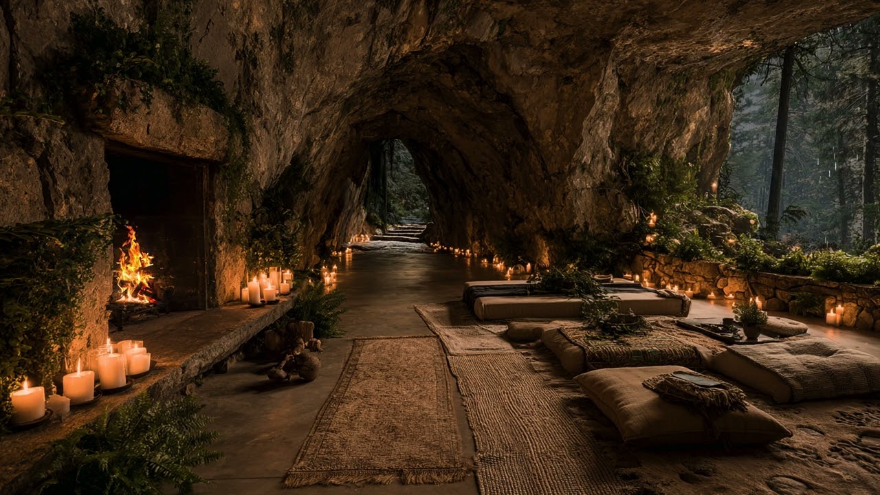 Deep Night Rain in a Secret Forest Cave | Heavy Rainfall, Distant Thunder & Firelight Ambience