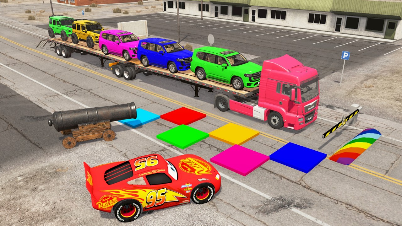 Flatbed Truck McQueen | Transportation with Truck - Pothole vs Car.BeamNG Drive|Gameplay #050