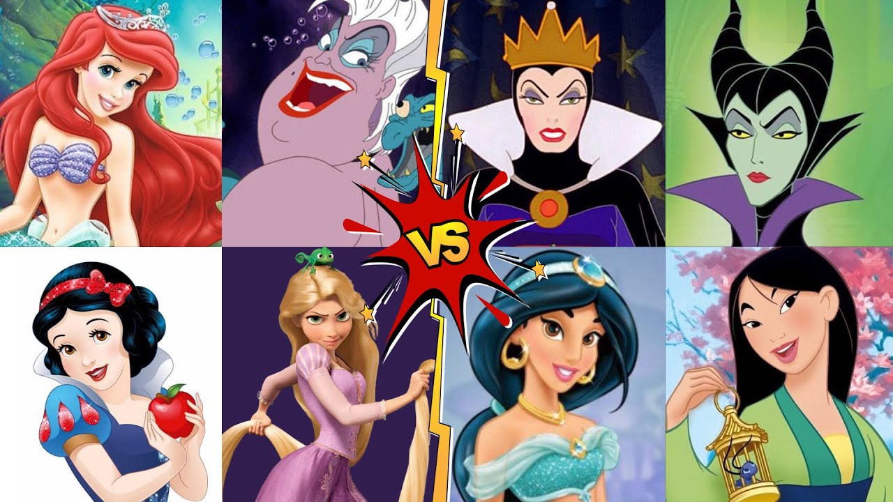 Maléfica, La Reina Malvada, Mulan y Jasmin vs Ursula, Blancanieves, Rapunzel y Ariel