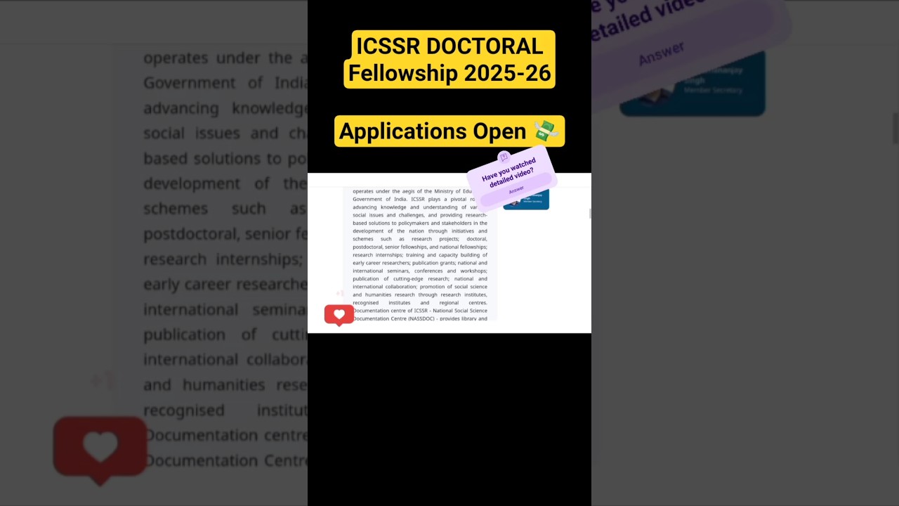 🔥 ICSSR DOCTORAL Fellowship 2025🔥 #shorts #phd #fellowship #phdfellowship #fellowshipinindia #icssr