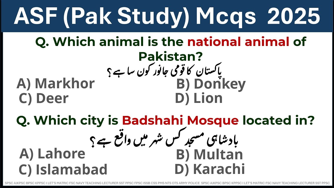 ASF Pakistan Studies Questions for Upcoming Posts 2025 | Assistant, Sub Inspector, ASI etc..