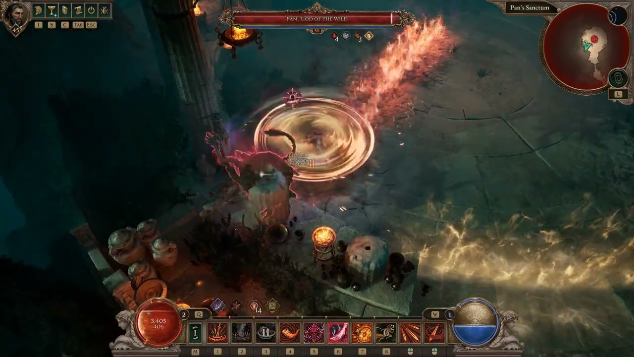 Titan quest 2 - | Reaver | Rage Crit Whirlwind Vs level 50 Pan  - Barrage finisher test
