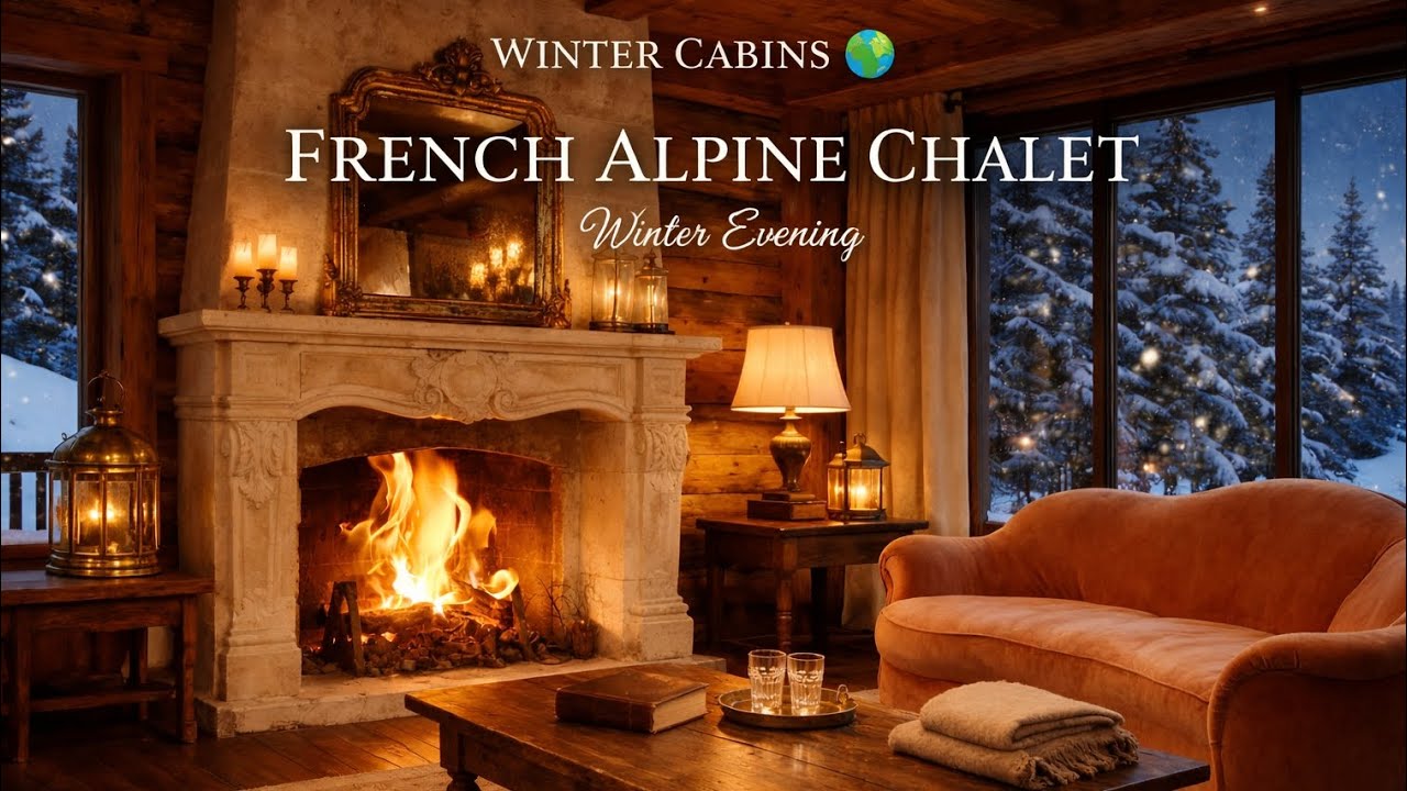 French Alpine Chalet Night ✨ Warm Vintage Winter Interior | Snowfall, Relax, Sleep (1 Hour)
