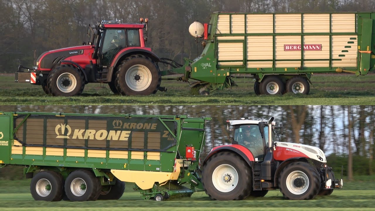 Gras oprapen met Valtra T162 met Bergmann en Steyr Terrus 6270 CVT met Krone ZX opraapwagen (2023)