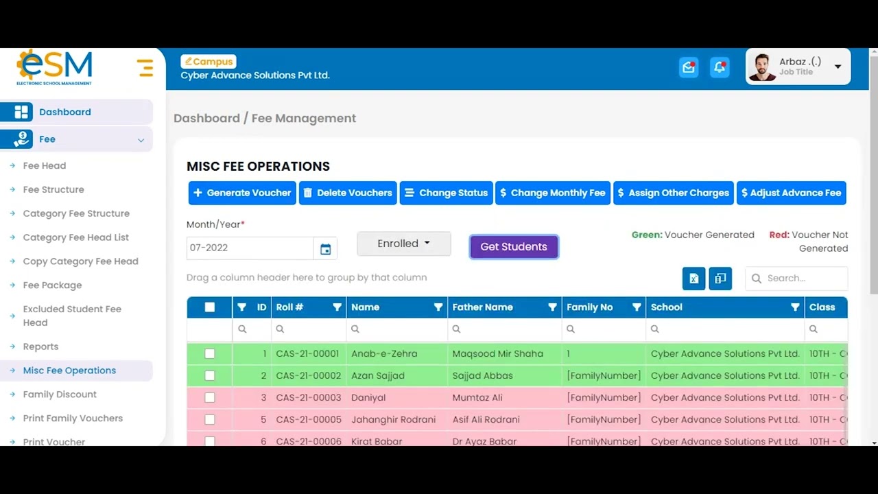 Fee Management Module | eSM Electronic School Management | Cyber Advance Solutions