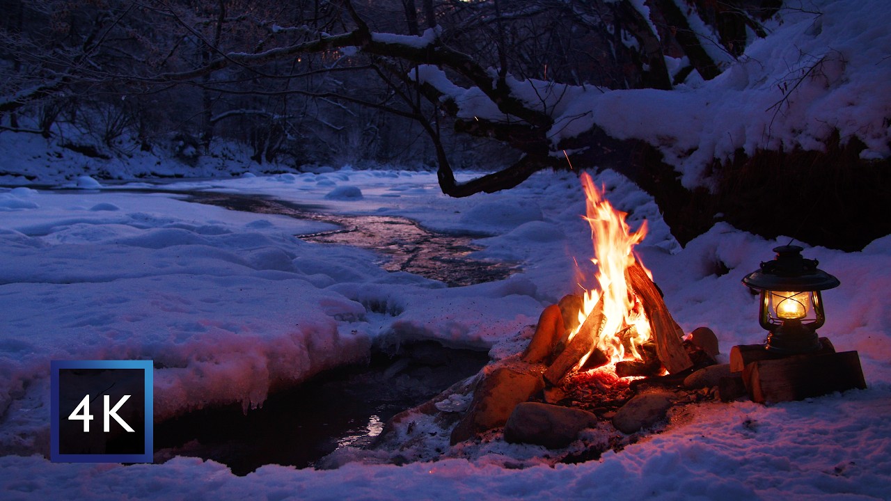 4K Campfire by the river  — Purple evening fading into dark night | 14°F (-10°C) Relaxing ambience