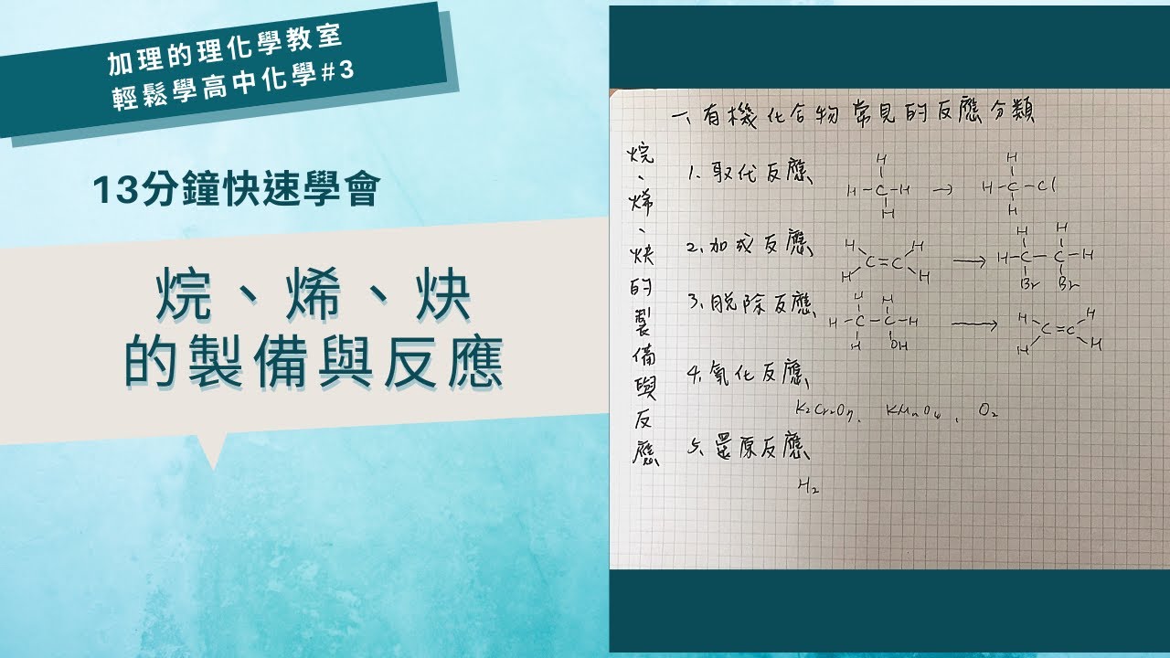 [輕鬆學高中化學#3]13分鐘快速學會分科測驗必考，烷、烯、炔的製備與反應，看完保證能學會高中化學都沒聽懂的有機化學反應 | 加理的理化學教室