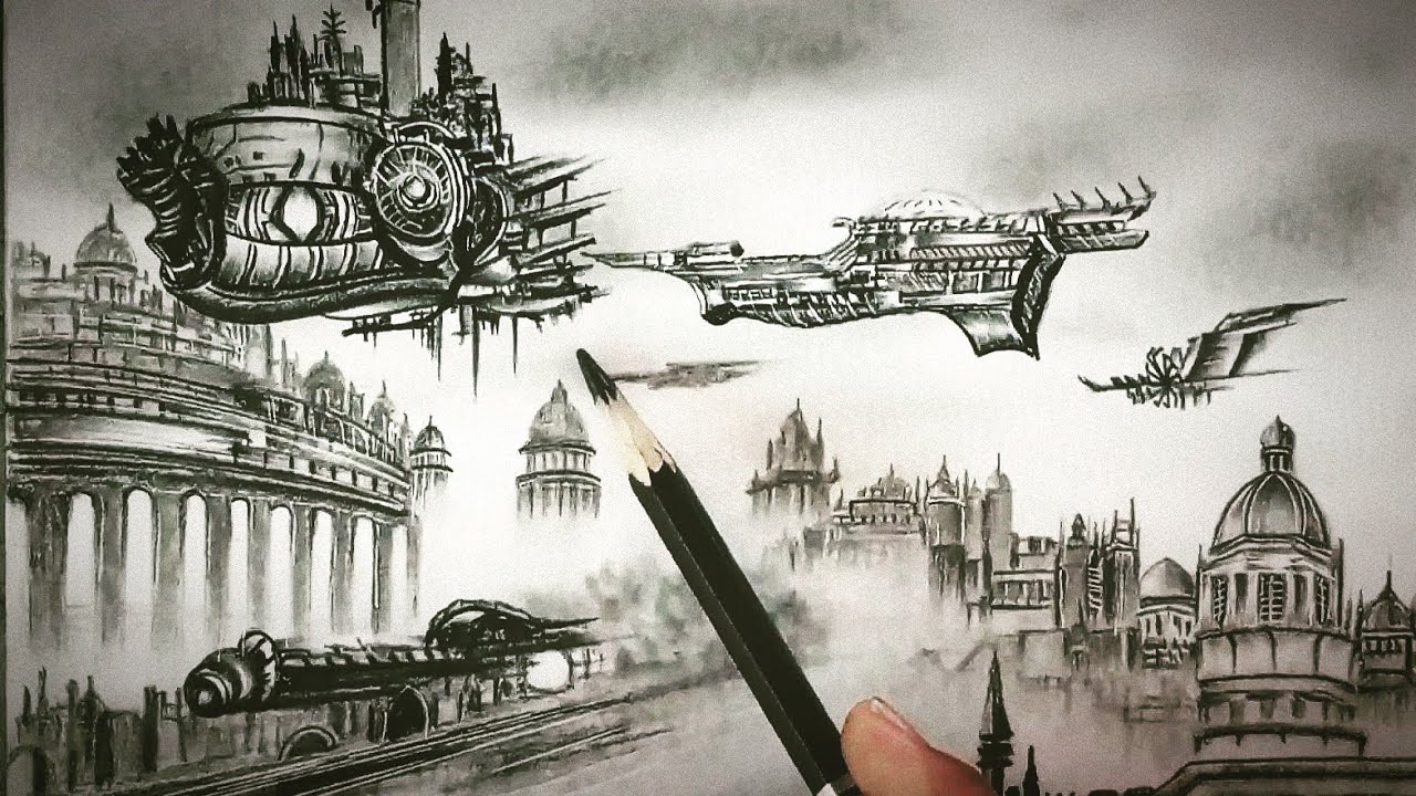 Steampunk scene drawing with pencils easy /// Pencil drawing art entertainment ///