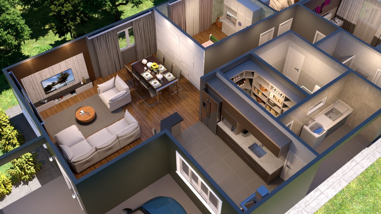 Planta de Casa em 3D com três Quartos, Cozinha Americana e Closet